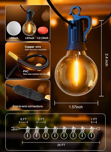 Miniatura 7 de Guirnalda de luces para exteriores, 25 pies, 12 bombillas LED, IP65, impermeable, conectable, G40, luz de patio exterior para patio trasero, porche