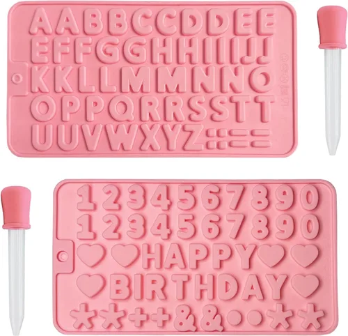 2 moldes de chocolate con números y moldes de silicona de letras, con 2 cuentagotas, moldes de silicona para decoración de letras para hornear, Rosa