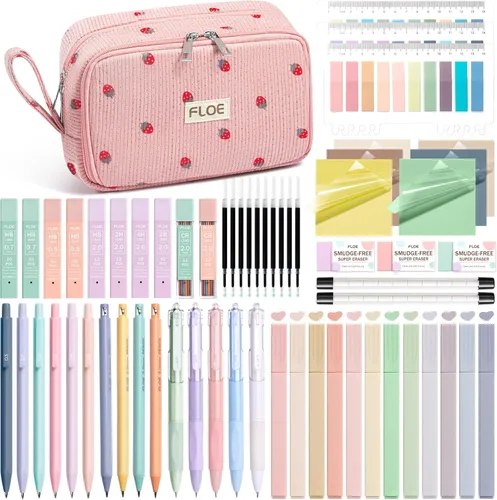 62 piezas de suministros escolares estéticos, bonitos suministros de regreso a clases, esenciales universitarios, set de papelería con estuche
