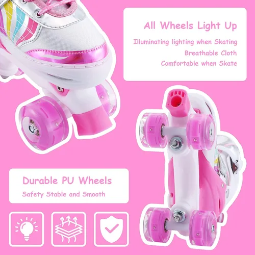 Miniatura 4 de Patines ajustables para niños y niñas, niños pequeños, jóvenes, color rosa, 4 tamaños, ajustables, para niños y niñas, para tallas 11J hasta