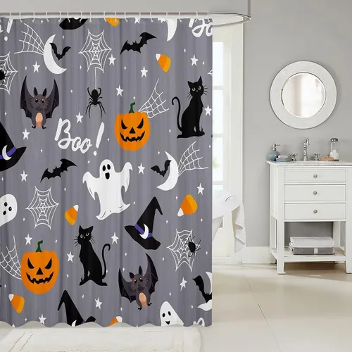 Miniatura 2 de Erosebridal Juego de cortinas de ducha góticas espeluznantes para bañeras, farol de calabaza, cortina de baño para niños, telarañas fantasmas, Multi