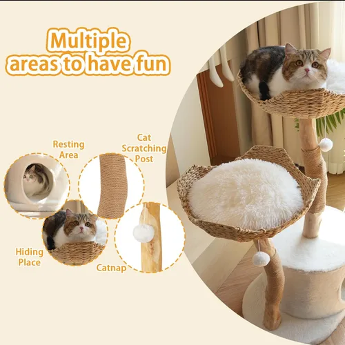 Miniatura 3 de Natural Modern - Torre de árbol para gatos, condominio de madera para gatos con bola colgante, cestas acogedoras, postes rascadores, para gatos
