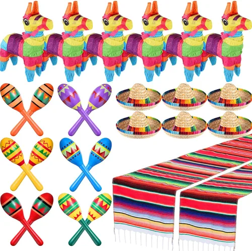 Libima 26 decoraciones de fiesta mexicanas incluyen 6 burros, 12 maracas grandes para fiestas, 2 caminos de mesa de serape, 6 sombreros para