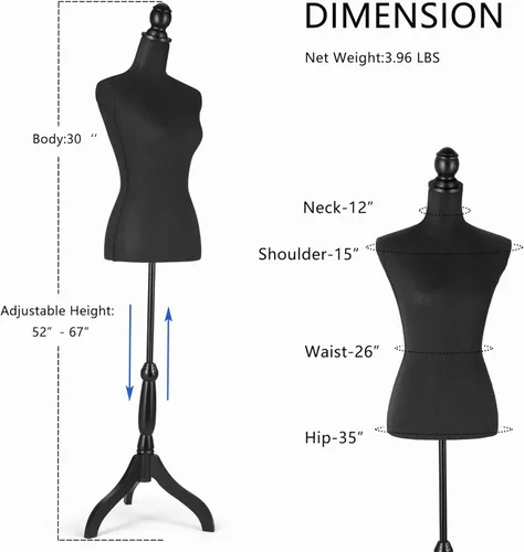 Miniatura 4 de Vestido forma de maniquí femenino Torso, cuerpo de maniquí ajustable en altura con soporte para costura, exhibición, negro