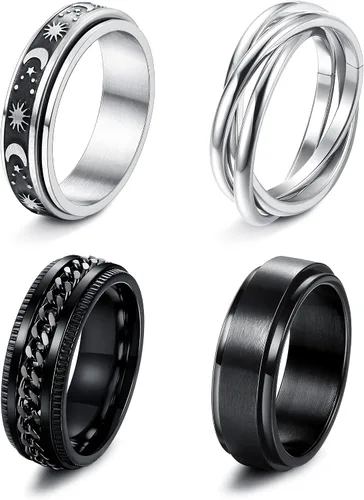 FUNRUN JEWELRY Juego de 4 anillos giratorios de acero inoxidable para mujeres y hombres, anillos de banda para la ansiedad, luna, estrella, celta,