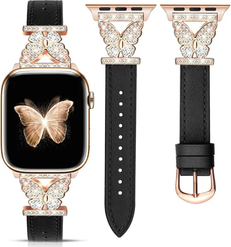 Miniatura 13 de JR.DM Correas de cuero para reloj para mujeres compatibles con Apple Watch 38mm 40mm 41mm 42mm (S10) con conector de mariposa brillante plateado