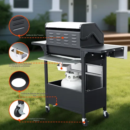 Miniatura 6 de Parrilla de gas propano de salida de 39000 BTU con quemador lateral y 3 quemadores principales, tapa de acero inoxidable de doble capa, rejillas