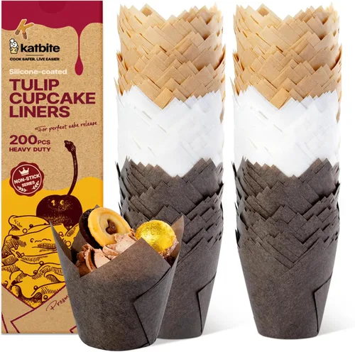 Katbite 200 soportes para cupcakes de tulipán, tazas para hornear magdalenas, envoltura de cupcakes para fiestas, bodas, cumpleaños, Navidad