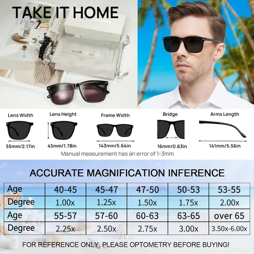 Miniatura 5 de Gafas de sol de lectura para hombre, 1.0, cuadrados, grandes, 100, 125, 150, 175, 200, 225, 250, 275, 300, 350, 400, bisagras de resorte (negro 1.00)