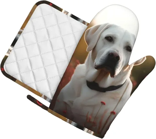 Miniatura 2 de Juego de guantes de horno y soportes para ollas con estampado de labrador blanco, resistentes al calor, antideslizantes, guantes de horno