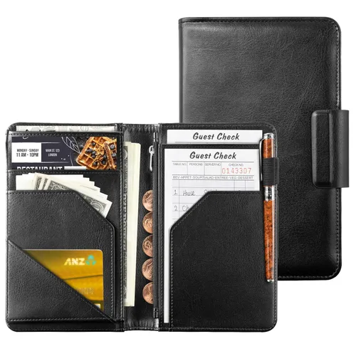 CoBak Libreta para servidores de alta calidad: organizador de cartera de camarero de 5.12 x 7.91 pulgadas en piel auténtica, con 8 bolsillos,