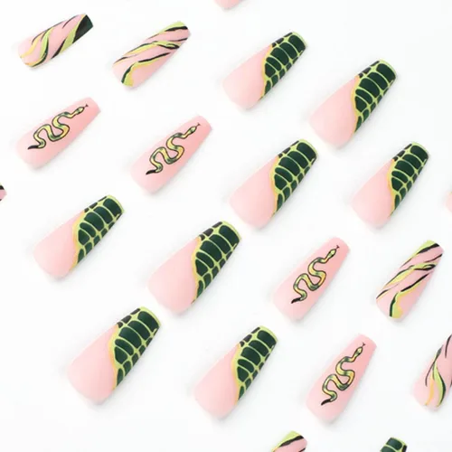 Miniatura 4 de Foccna Uñas postizas largas verdes con forma de ataúd a presión en serpiente, uñas postizas francesas brillantes para uso diario, uñas artificiales