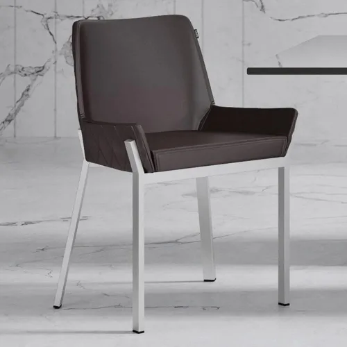 ZURI Sydney Silla de comedor de cuero sintético marrón con patas de acero inoxidable cepillado