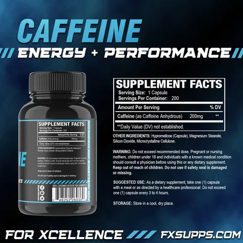 Miniatura 2 de Fx Supps - Pastillas de cafeína de 200 mg (paquete de 2, 200 cápsulas), suplemento energético de acción rápida para hombres y mujeres, mejora