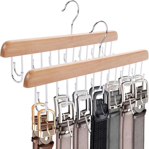 Miniatura 8 de JOHOUSE Organizador de cinturón para armario Max 42 cinturones, soporte de madera para sujetadores deportivos con 14 ganchos para hombres y mujeres