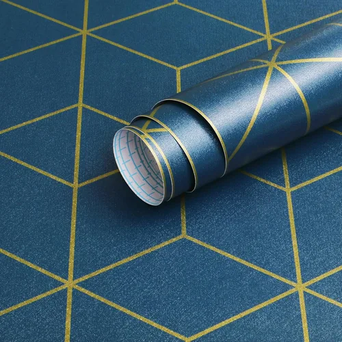 Safiyya Papel tapiz geométrico azul y dorado, autoadhesivo, extraíble, impermeable, para paredes, rollo de vinilo de 118 x 17.3 pulgadas