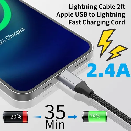 Miniatura 4 de Cable de carga para iPhone de 2 pies, paquete de 2 cables USB a Lightning [certificado MFi] de 2 pies para automóvil, cable corto trenzado de carga