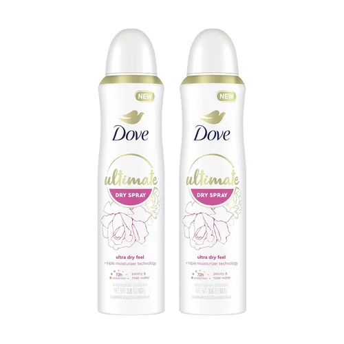 Dove Ultimate Dry Spray antitranspirante de peonía y agua de rosas, 2 unidades para 72 horas de protección contra el sudor y el olor con tecnología