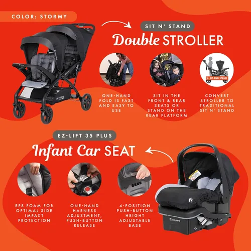 Miniatura 3 de Baby Trend Cochecito de bebé y niño pequeño doble y asiento de coche combo, juego de 2 piezas, Stormy - Cochecito de viaje ligero y compacto
