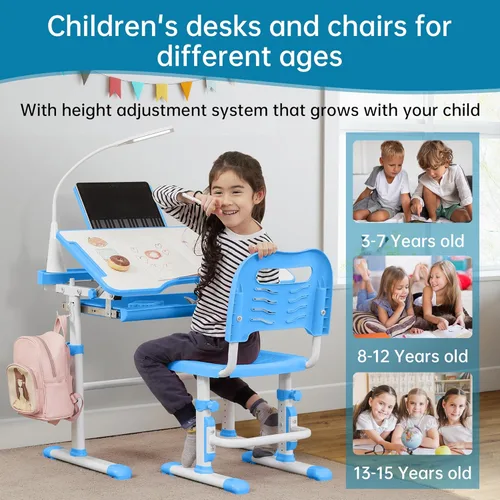 Miniatura 5 de SMAGREHO Juego de escritorio y silla para niños, mesas de escritura de estudio escolar para niños con altura ajustable con escritorio inclinable