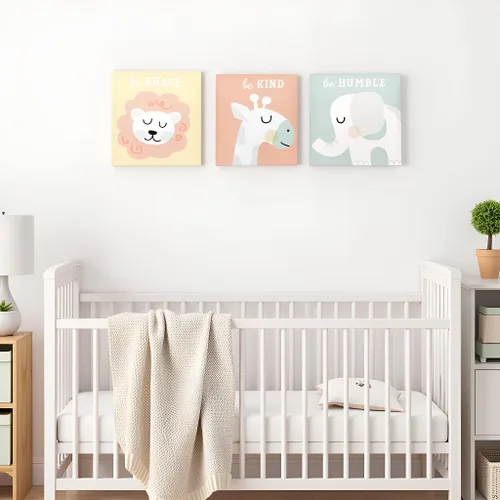 Miniatura 6 de Lienzo decorativo de animales pastel, sé valiente, sé amable, sé humilde, género neutro decoración de pared para guardería, regalo para padres