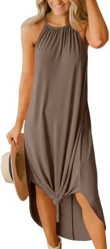 For G and PL - Vestido largo playero casual con escote halter y abertura lateral para mujer, vestido playero para vacaciones de verano 2024