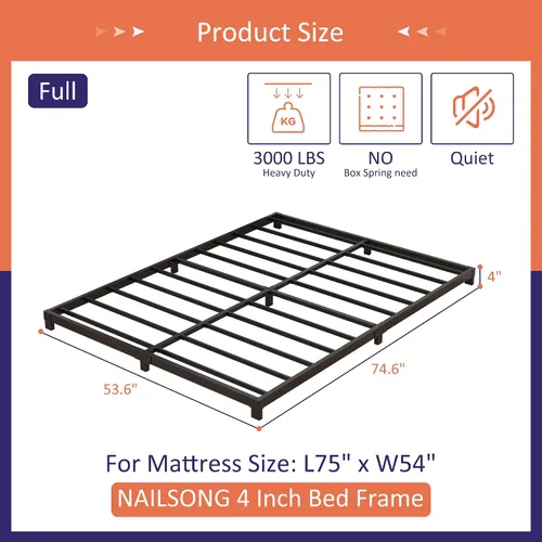 Miniatura 2 de Nailsong Base de Cama de 4 Pulgadas Tamaño Completo de Bajo Perfil, Base de Cama de Metal Tamaño Completo sin Necesidad de Somier, Metal Resistente
