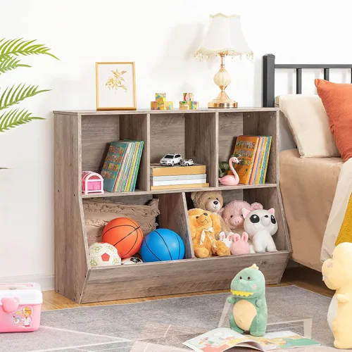 Miniatura 9 de HOOBRO Estantería para niños, estantería con cabecera, cubo de almacenamiento de juguetes, estantería para juguetes de niños, gabinete