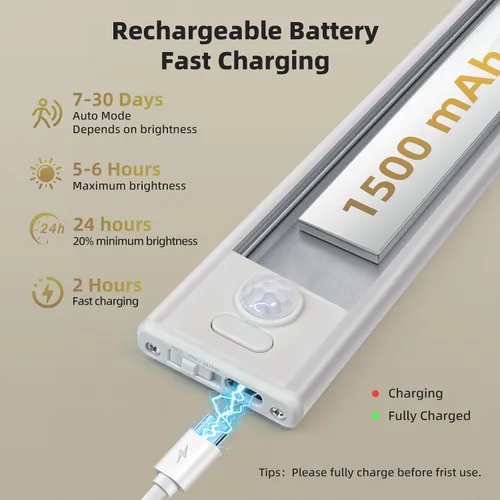 Miniatura 6 de Paquete de 4 luces para debajo del gabinete, luz recargable con sensor de movimiento para interiores, luces magnéticas inalámbricas regulables, 32