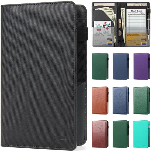 Miniatura 26 de Libreta de mesera para camarera, organizador de cuero con bolsillo con cremallera, folleto para personal de restaurante, soporte para cheques de Café