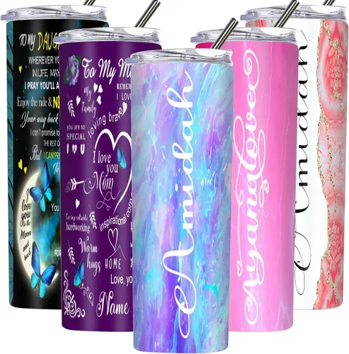 Vaso delgado personalizado con tapas y pajitas con nombre impreso, vasos aislados personalizados de 20 onzas para mamá, mujeres y hombres
