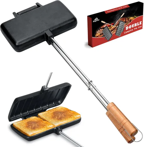 Hierro de doble pastel para acampar de hierro fundido, máquina de sándwiches de fogata de hierro fundido pre-sazonado, máquina de pastel de montaña,