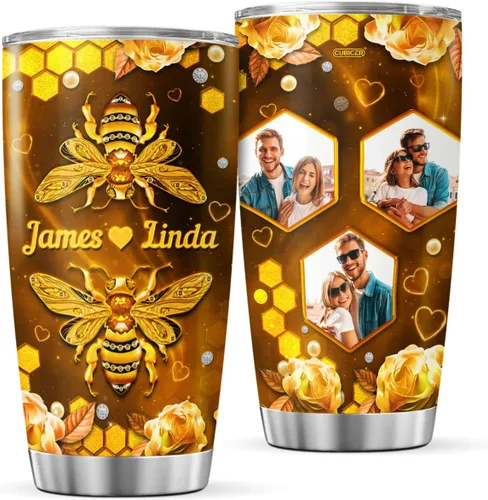 CUBICER Vasos de café personalizados con tapa, foto personalizada, vaso de pareja, taza de acero de abeja de miel, tazas aisladas de doble pared