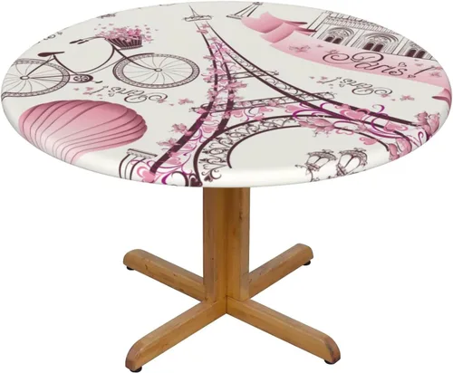 Miniatura 9 de Fiokroo Mantel de torre Eiffel con borde elástico, mantel redondo para viajes románticos en París, lavable, reutilizable, para cocina, comedor