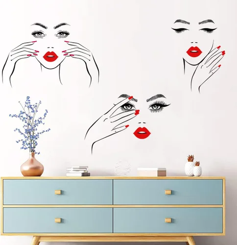 Miniatura 2 de Calcomanía de pared de cara sexy extraíble con ojos y labios rojos, calcomanías de pared para despegar y pegar, contorno de belleza, decoración