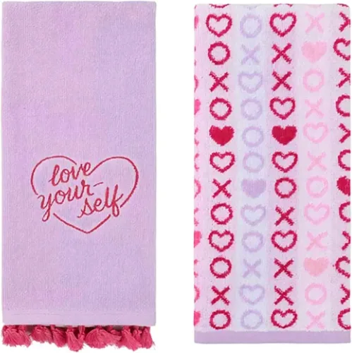 Miniatura 3 de Toallas de mano de baño de San Valentín, juego de 2 toallas de terciopelo de algodón morado y rosa con corazones bordados para decoración de baño