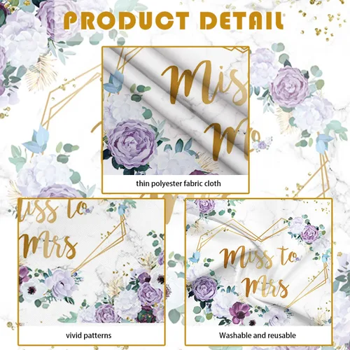 Miniatura 5 de AIBIIN Telón de fondo floral de Miss to Mrs de 7 x 5 pies para despedida de soltera, flores violetas moradas, fondo de fotografía, corazones dorado