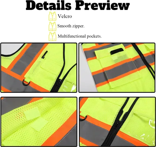 Miniatura 3 de Chaleco de seguridad reflectante de malla con logotipo personalizado Clase 2 con 5 bolsillos y cremallera Amarillo-5pack