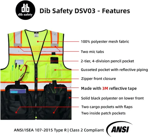 Miniatura 5 de Dib Safety - Chaleco reflectante de alta visibilidad con bolsillos y cremallera, malla de alta visibilidad ANSI Clase 2, hecho con cinta reflectante