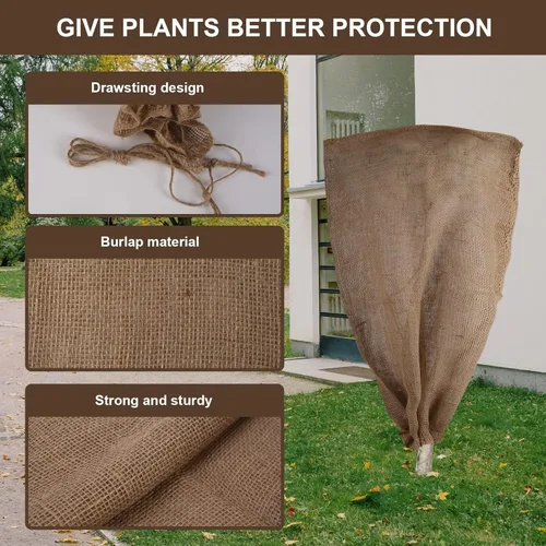 Miniatura 3 de Svepndic 2 bolsas reutilizables de arpillera cálida para plantas de invierno de 47 x 40 pulgadas con cordón de arpillera para plantas, protección