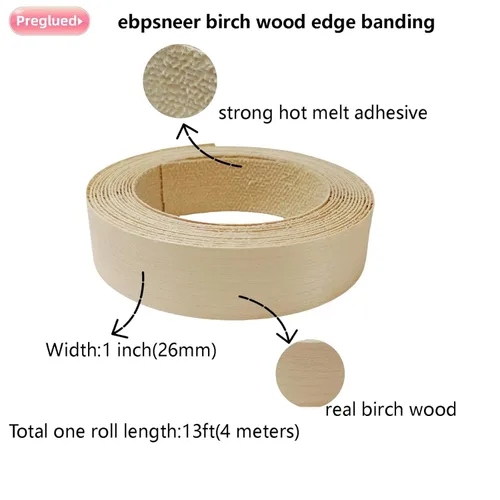 Miniatura 2 de Cinta de bandas de borde de chapa de madera de abedul real, rollo de banda de borde preglued de 1 pulgada × 13 pies con adhesivo de fusión