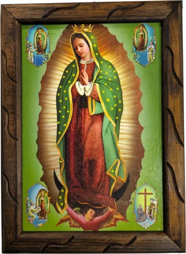 Miniatura 5 de Mrcjsales: imagen de Nuestra Señora de Guadalupe con imágenes en la esquina en marco rústico, pintura al óleo, 24 x 36 pulgadas, 13 x 18 pulgadas