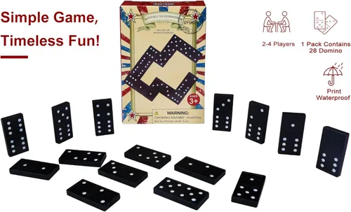 Miniatura 4 de Juego de Dominó de Madera Doble 6 de Offelec - 28 fichas de dominó negro para niños, adultos y juegos familiares Ideal para 2-4 jugadores 1