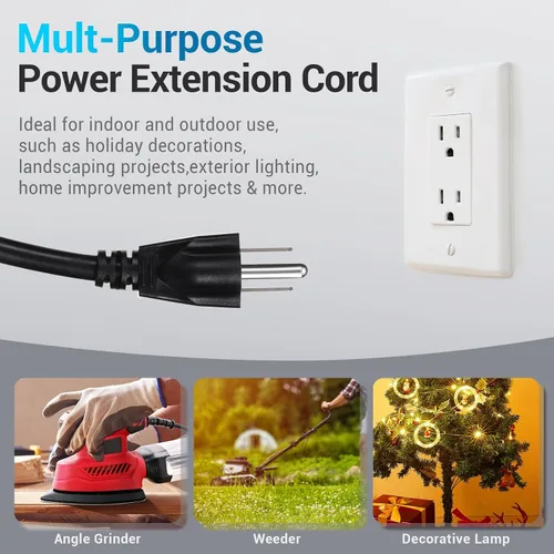 Miniatura 7 de YOTIGER Cable de extensión para exteriores de 1 a 4 divisores para luces de Navidad, máximo 33.3 pies de extremo a extremo (43 pies en total)