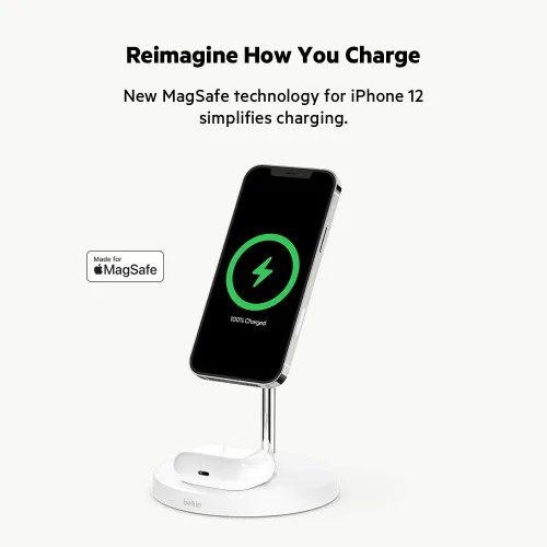 Miniatura 2 de Belkin MagSafe - Soporte de carga inalámbrica 2 en 1 para Apple iPhone 15, iPhone 14, iPhone 13, iPhone 12 y AirPods, estación de carga rápida Blanco