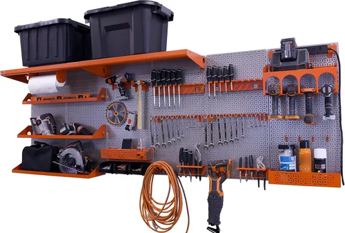 Miniatura 15 de OmniWall Weekend Warrior Ultimate Tool Kit - Sistema de Almacenamiento de Pared de Tablero de Clavos de Metal de 96" x 32" Negro/Naranja