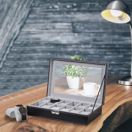 Miniatura 7 de LIANTRAL Caja de reloj para hombre regalo de San Valentín para él 12 ranuras de cuero organizador de reloj parte superior de cristal negro