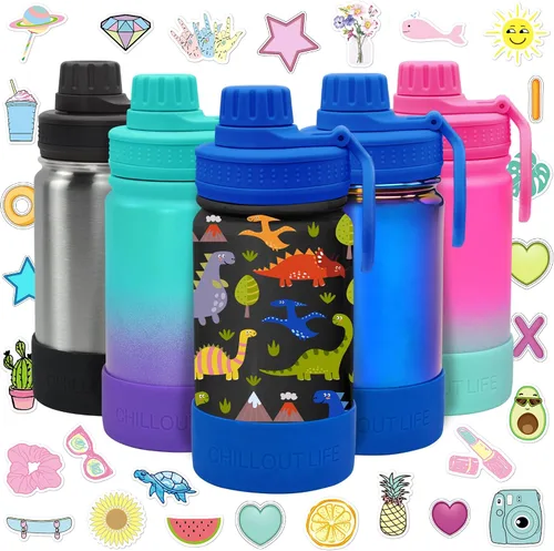 Miniatura 14 de CHILLOUT LIFE Botella de agua aislada para niños de 12 onzas para la escuela con tapa de boquilla a prueba de fugas y bonitas calcomanías Azul