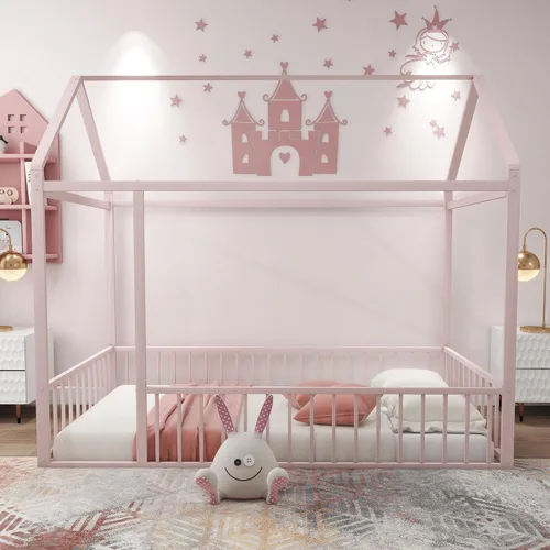 Miniatura 9 de Cama de metal de tamaño matrimonial con valla para niños, adolescentes, niñas, niños, cama de piso de casa, camas Montessori, se puede decorar marco