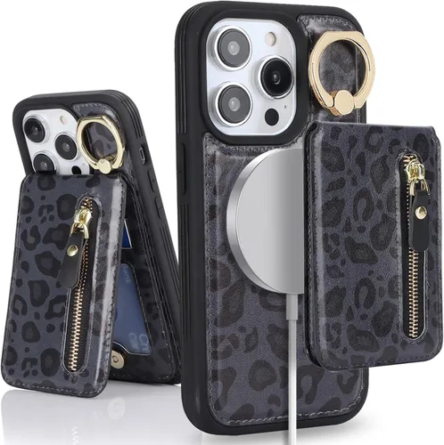 Miniatura 38 de para iPhone 14 Funda con soporte magnético Magsafe compatible, llavero de cuero PU plegable con soporte desmontable, funda tipo cartera 2-en-1